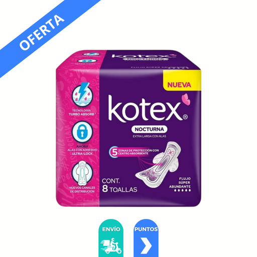 [4693] KOTEX NOCTURNA EXTRA LARGA CON ALAS FLUJO SUPER ABUNDANTE C/8 TOALLAS KIMBERLY CLARK