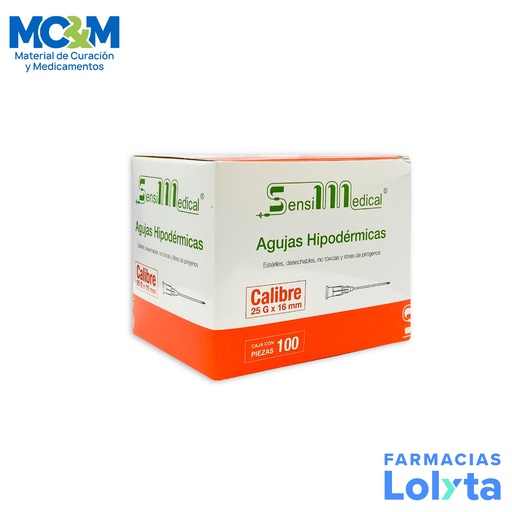 [43] AGUJA HIPODERMICA 25G X 16 MM C/100 NARANJA SENSIMEDICAL